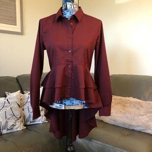 A.N.A. Women's High Low Ruffle Blouse Maroon Med